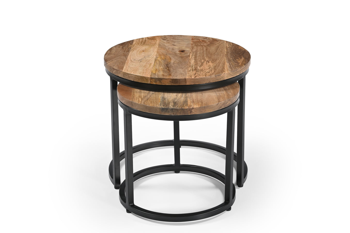iAnanas Set of 2 Round Coffee Tables, Handmade Mango Wood Top and Iron Frame, Natural Finish, Modern, Industrial Minimalist Design for Living Room, Office - 50x50x43, 40x40x38 cm