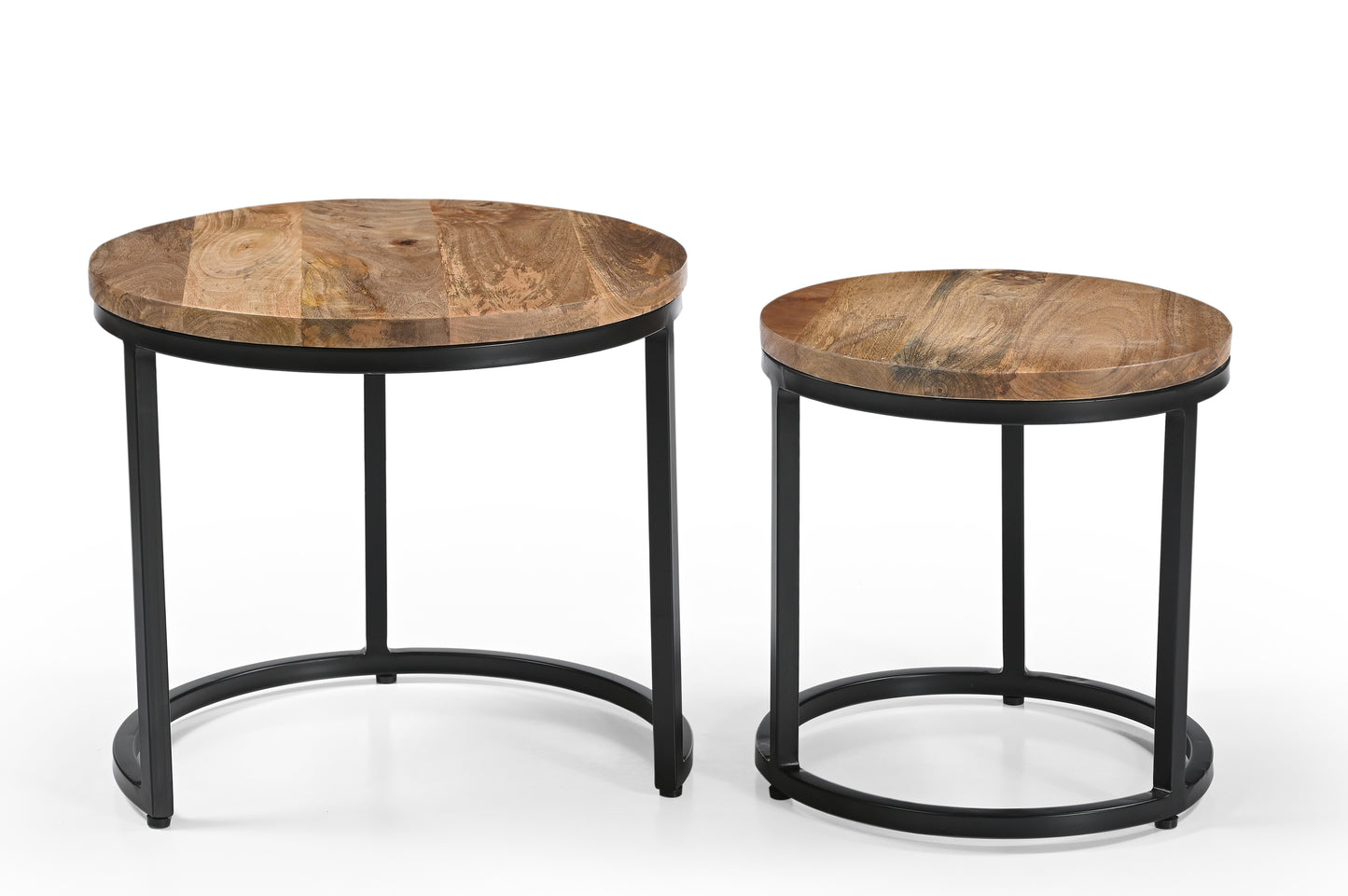 iAnanas Set of 2 Round Coffee Tables, Handmade Mango Wood Top and Iron Frame, Natural Finish, Modern, Industrial Minimalist Design for Living Room, Office - 50x50x43, 40x40x38 cm