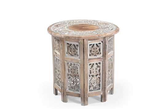 Handgefertigter Holztisch – Kleiner Weißgewaschener Mangoholz Beistelltisch Marudhara