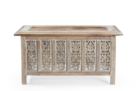 Vintage Solid Mango Wood Coffee Table - Handmade Wooden Coffee Table with Carved Details, Rustic Brown Finish, Decorative and Sturdy for Living Room - 92 x 45 x 45 cm Marudhara