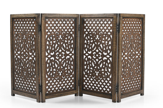 Handgefertigtes Hundegitter aus Mangoholz - Freistehendes 4-teiliges Haustiergitter, Hellbraun, Faltbarer Sicherheitszaun & Kaminschutz für Hunde, Katzen & Kinder - 180x2x84 cm