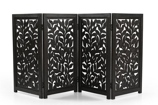 Handgefertigtes Hundegitter aus Mangoholz - Freistehendes 4-teiliges Haustiergitter, Dunkelbraun, Faltbarer Sicherheitszaun & Kaminschutz für Hunde, Katzen & Kinder - 180x2x84 cm