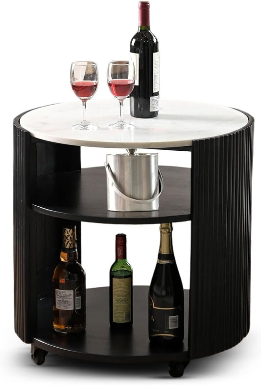 Modern Round Side Table with Marble Top & Black Wooden Legs – Elegant Accent Table