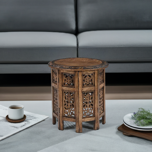 Table d'appoint/table basse ronde en bois massif sculpté à la main, couleur marron antique – 45 cm de diamètre