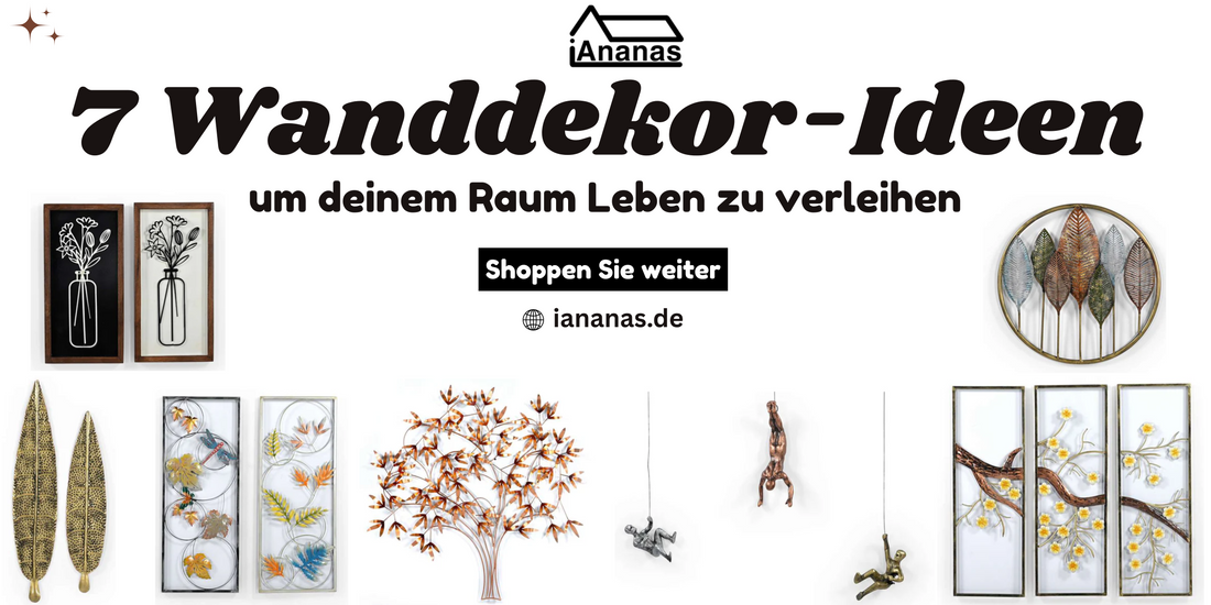 Collage mit 7 Wanddekor-Ideen aus Mangoholz von iAnanas, nachhaltige Deko für Wohnzimmer.