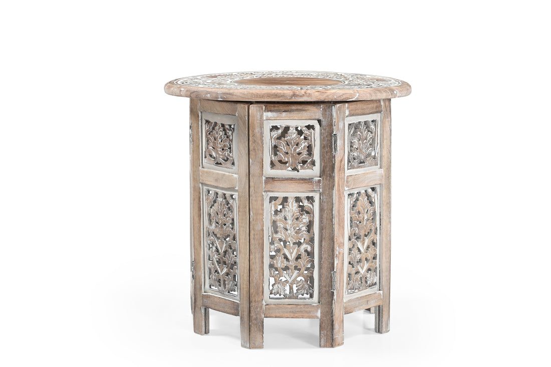 Handgefertigter Beistelltisch aus Mangoholz mit kunstvoller Schnitzerei, iAnanas Möbel