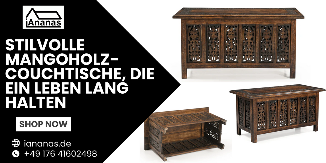 Handgefertigte Mangoholz-Couchtische mit filigranen Schnitzereien von iAnanas