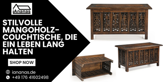 Handgefertigte Mangoholz-Couchtische mit filigranen Schnitzereien von iAnanas