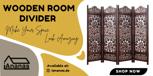 Raumteiler aus Mangoholz mit filigranem Muster, nachhaltige Dekoration von iAnanas.