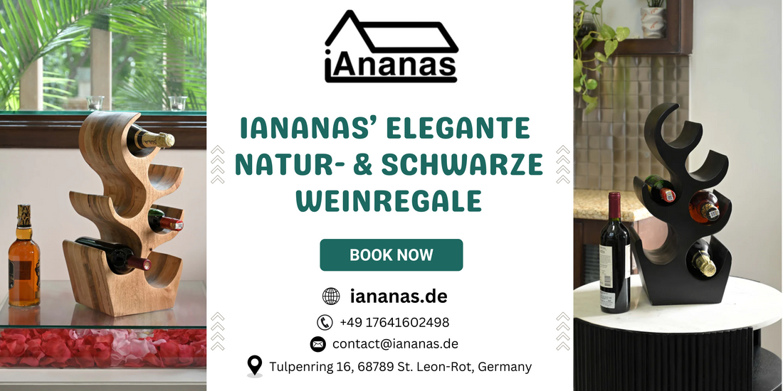Elegantes Weinregal aus Mangoholz in Natur und Schwarz von iAnanas, dekorativ und handgefertigt.