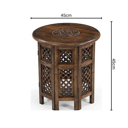Antique Brown Hand-Carved Solid Wood Round Side/Coffee Table – 45cm Diameter Marudhara