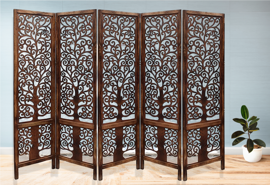 Handmade 5-Panel Floral Mango Wood Room Divider – Privacy Screen 228×180 cm, Brown
