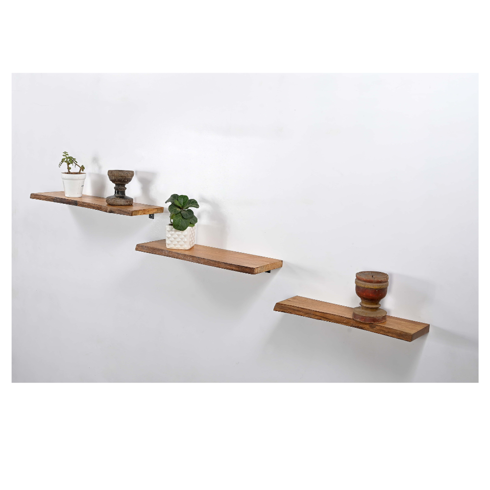 Rustic Floating Wooden Wall Shelf – Solid Wood with Industrial Brackets, Set of 3 iAnanas