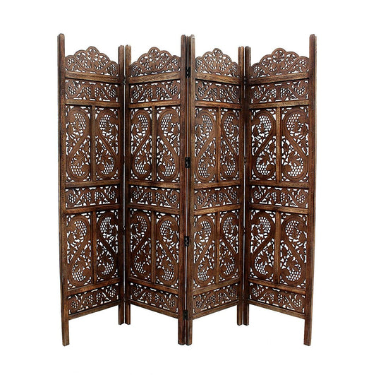 Handgefertigter Paravent aus Mangoholz und MDF mit floralen Motiven, 4-teilig, platzsparend, dekorativer Sichtschutz für Wohnzimmer, Schlafzimmer, Büro &amp; Balkon, 187x2x180 cm, Braun