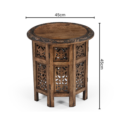 Runder Beistelltisch aus Mangoholz, handgefertigt, mit Schnitzereien, 45x45 cm, nachhaltiges Möbel