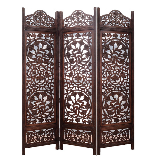 Raumteiler Holz – Eleganter Handgefertigter 3-Panel Paravent mit Blumenmuster Marudhara