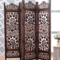 Handgefertigter Paravent aus Mangoholz und MDF mit floralen Motiven, 4-teilig, platzsparend, dekorativer Sichtschutz für Wohnzimmer, Schlafzimmer, Büro &amp; Balkon, 203x2x180 cm, Braun