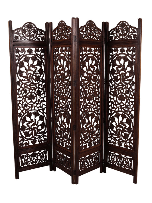 Handgefertigter Paravent aus Mangoholz und MDF mit floralen Motiven, 4-teilig, platzsparend, dekorativer Sichtschutz für Wohnzimmer, Schlafzimmer, Büro &amp; Balkon, 203x2x180 cm, Braun