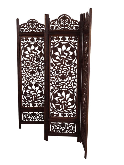 Raumteiler Holz – Eleganter Handgefertigter 3-Panel Paravent mit Blumenmuster iAnanas