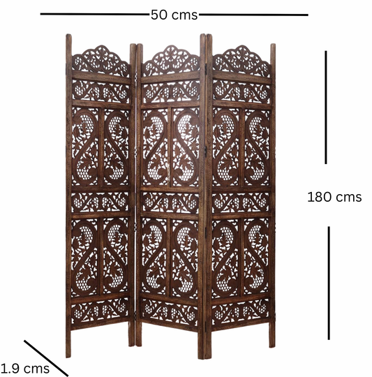Raumteiler Holz – Handgefertigter 3-Panel Paravent mit floralem Design Marudhara