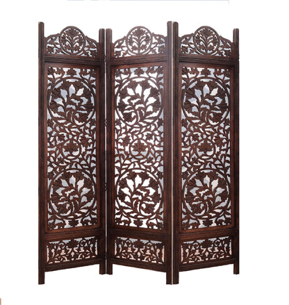 Raumteiler Holz – Eleganter Handgefertigter 3-Panel Paravent mit Blumenmuster iAnanas
