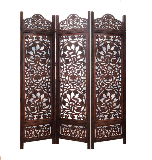 Raumteiler Holz – Eleganter Handgefertigter 3-Panel Paravent mit Blumenmuster Marudhara