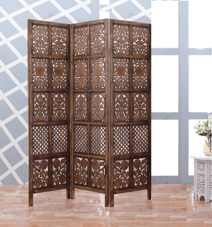 Raumteiler Holz – Handgefertigter 3-Panel Mangoholz Paravent (150×180 cm) Marudhara