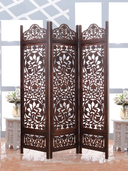 Raumteiler Holz – Eleganter Handgefertigter 3-Panel Paravent mit Blumenmuster iAnanas