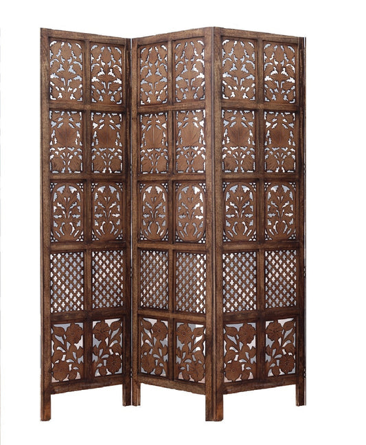 Raumteiler Holz – Handgefertigter 3-Panel Mangoholz Paravent (150×180 cm) Marudhara