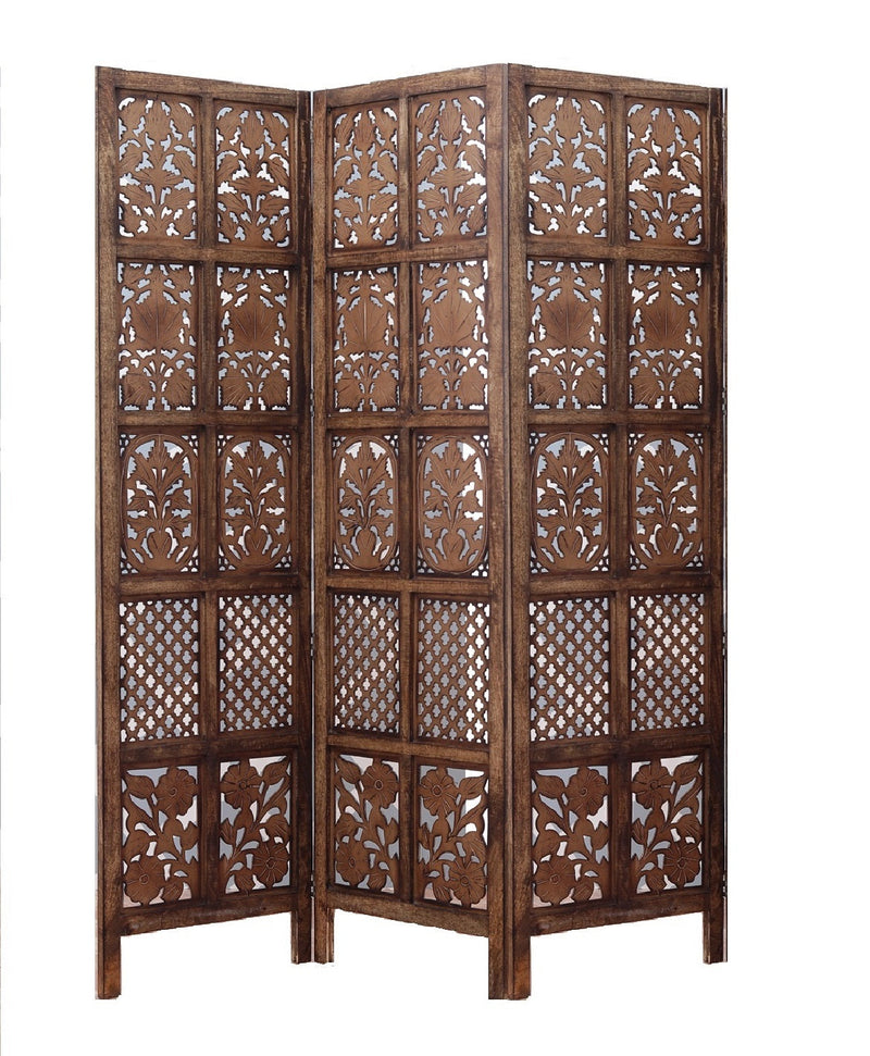 Raumteiler Holz – Handgefertigter 3-Panel Mangoholz Paravent (150×180 cm) Marudhara