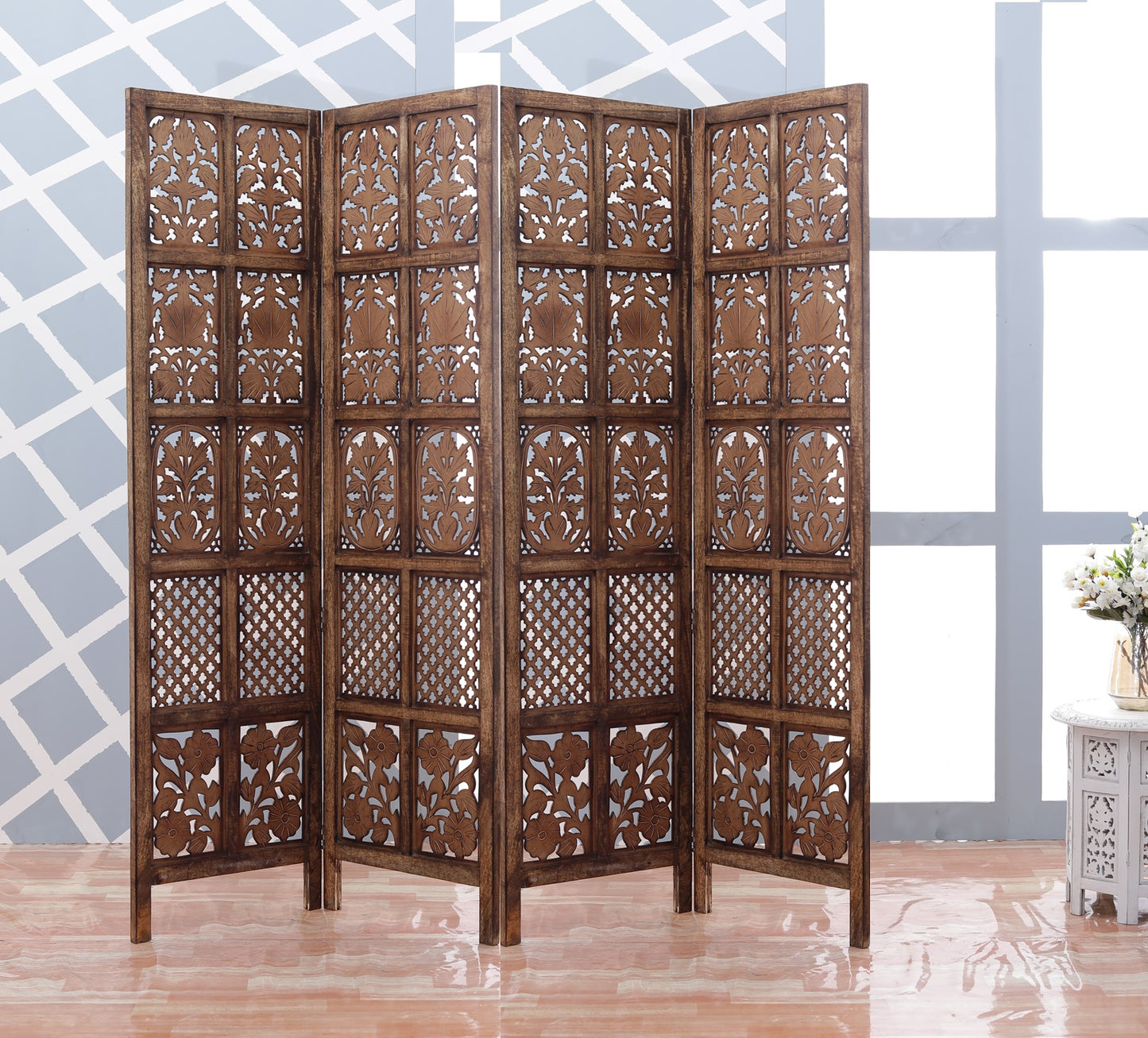 Handgefertigter Paravent aus Mangoholz und MDF mit floralen Motiven, 4-teilig, platzsparend, dekorativer Sichtschutz für Wohnzimmer, Schlafzimmer, Büro &amp; Balkon, 193x2x180 cm, Braun