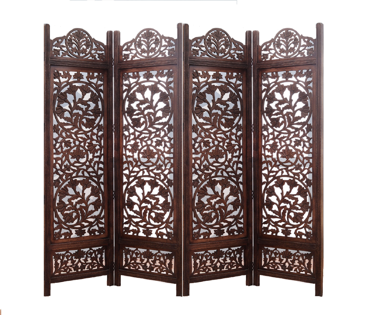 Handgefertigter Paravent aus Mangoholz und MDF mit floralen Motiven, 4-teilig, platzsparend, dekorativer Sichtschutz für Wohnzimmer, Schlafzimmer, Büro &amp; Balkon, 203x2x180 cm, Braun