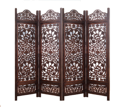 Raumteiler Holz – Handgefertigter 4-Panel Mangoholz Paravent mit floralem Design Marudhara