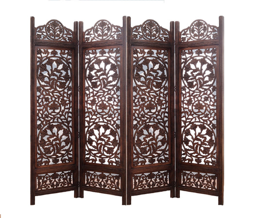 Raumteiler Holz – Handgefertigter 4-Panel Mangoholz Paravent mit floralem Design Marudhara