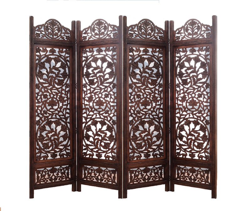 Raumteiler Holz – Handgefertigter 4-Panel Mangoholz Paravent mit floralem Design Marudhara