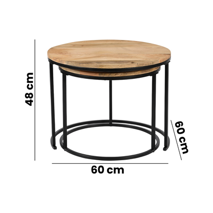 Rustic Round Wooden Side Tables – Set of 2 with Industrial Metal Legs Marudhara