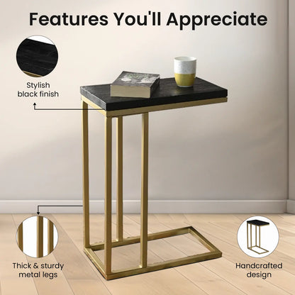 Moderner Beistelltisch aus Mangoholz mit schwarzer Platte und goldenen Metallbeinen, handgefertigt