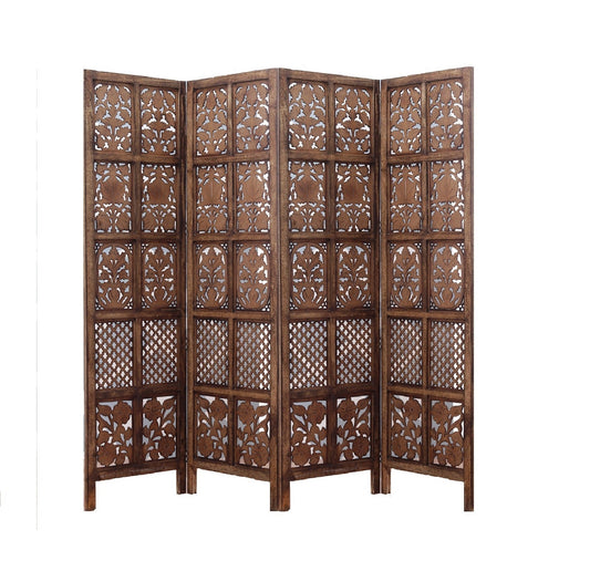 Raumteiler Holz – Handgefertigter 4-Panel Mangoholz Paravent mit floralem Design Marudhara