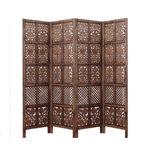 Handgefertigter Paravent aus Mangoholz und MDF mit floralen Motiven, 4-teilig, platzsparend, dekorativer Sichtschutz für Wohnzimmer, Schlafzimmer, Büro &amp; Balkon, 193x2x180 cm, Braun