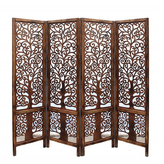 Handmade 4-Panel Floral Mango Wood Room Divider / Privacy Screen – Foldable Screen, 203×180 cm
