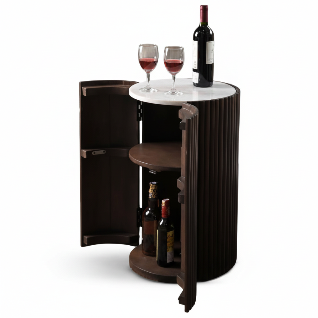 Bar Schrank Holz – Moderner runder Bar Tisch mit Marmorplatte Marudhara