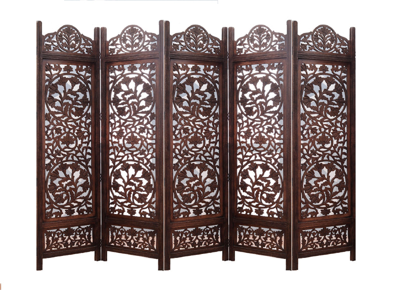 Mango Wood and MDF Room Divider - 5 Panel Floral Handmade Screen, Privacy Screen & Decoration for Living Room, Bedroom, Balcony & Office - Brown (254x3x180 cm) Marudhara