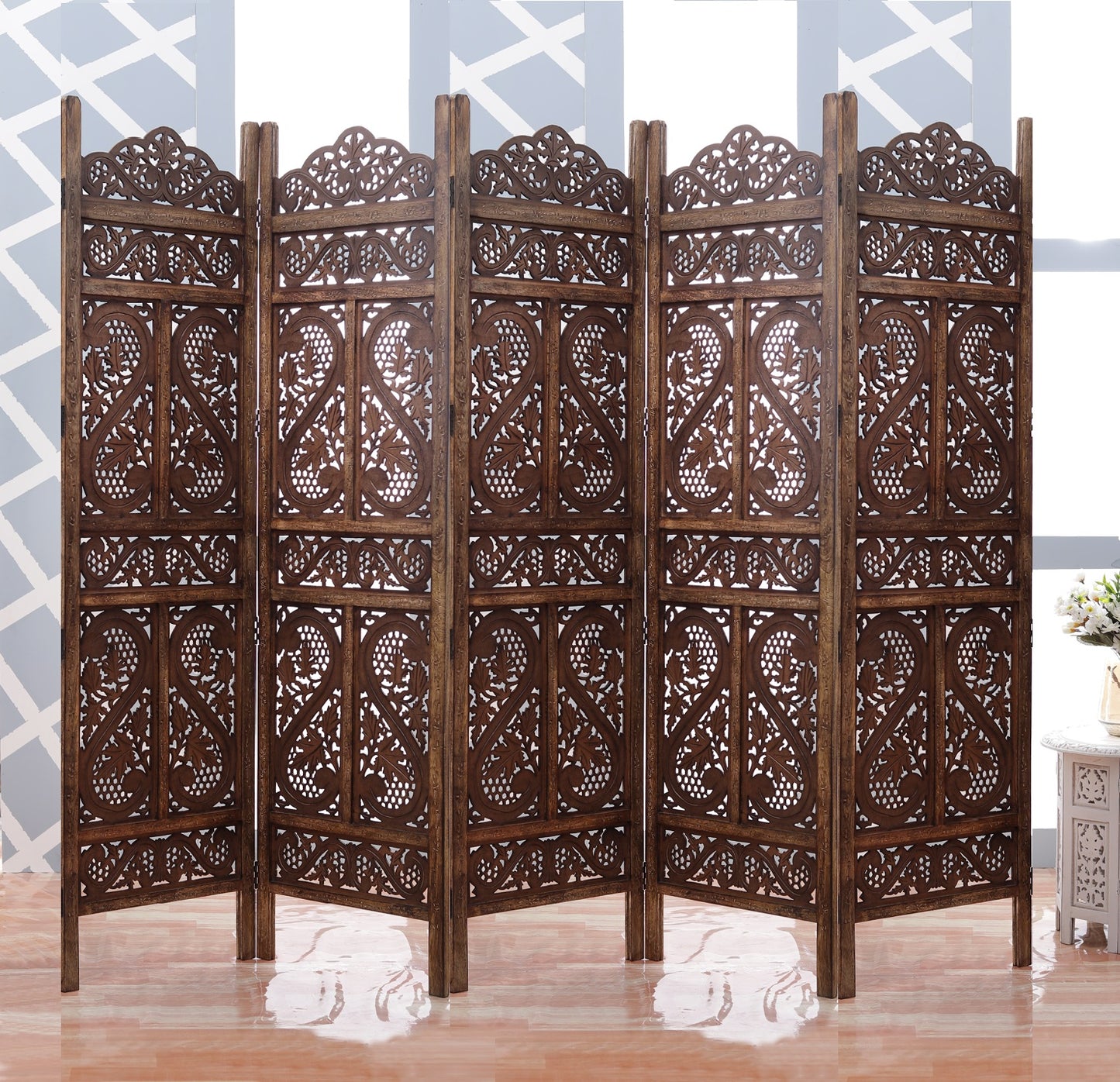 Mango Wood Room Divider - 5 Panel Floral Handmade Screen, Privacy Screen & Decoration for Living Room, Bedroom, Balcony & Office - Brown 234x2x180 cm