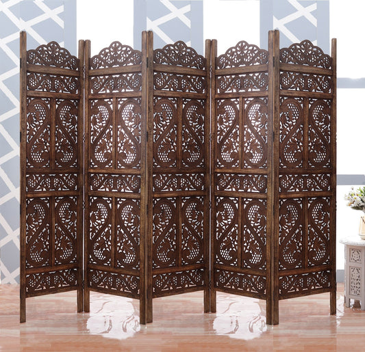 Mango Wood and MDF Room Divider - 5 Panel Floral Handmade Screen, Privacy Screen & Decoration for Living Room, Bedroom, Balcony & Office - Brown 234x2x180 cm Marudhara