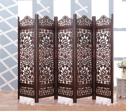 Mango Wood and MDF Room Divider - 5 Panel Floral Handmade Screen, Privacy Screen & Decoration for Living Room, Bedroom, Balcony & Office - Brown (254x3x180 cm) Marudhara