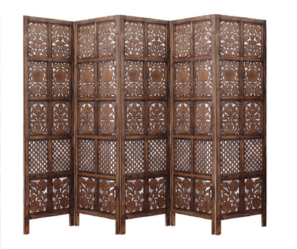 Raumteiler Holz – Handgefertigter 5-Panel Mangoholz Paravent (254×3×180 cm) Marudhara
