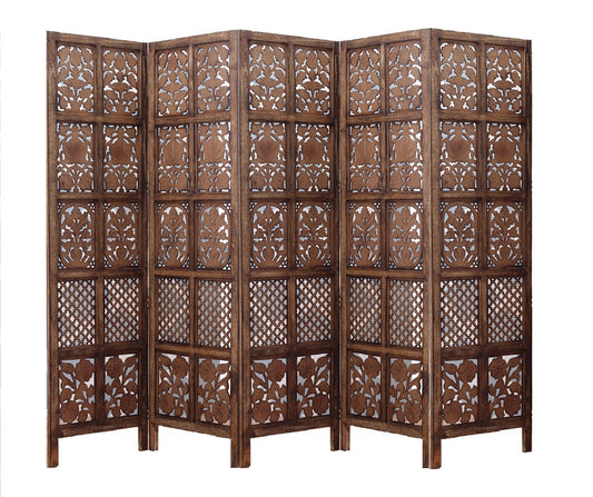 Raumteiler aus Mangoholz und MDF – 5-teiliger, handgefertigter Paravent mit floralem Muster, Sichtschutz und Dekoration für Wohnzimmer, Schlafzimmer, Balkon und Büro – Braun 241 x 3 x 180 cm
