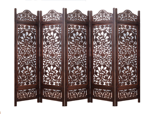 Raumteiler aus Mangoholz und MDF – 5-teiliger, handgefertigter Paravent mit floralem Muster, Sichtschutz und Dekoration für Wohnzimmer, Schlafzimmer, Balkon und Büro – Braun (254 x 3 x 180 cm)