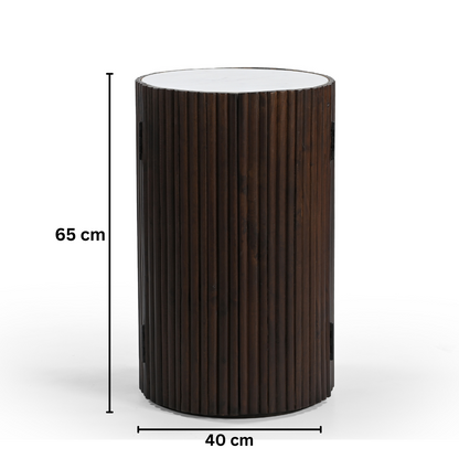 Modern Cylindrical Wooden Bar Cabinet with White Marble Top – Compact Bar Table Storage Marudhara