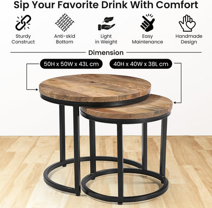 iAnanas Set of 2 Round Coffee Tables, Handmade Mango Wood Top and Iron Frame, Natural Finish, Modern, Industrial Minimalist Design for Living Room, Office - 50x50x43, 40x40x38 cm iAnanas
